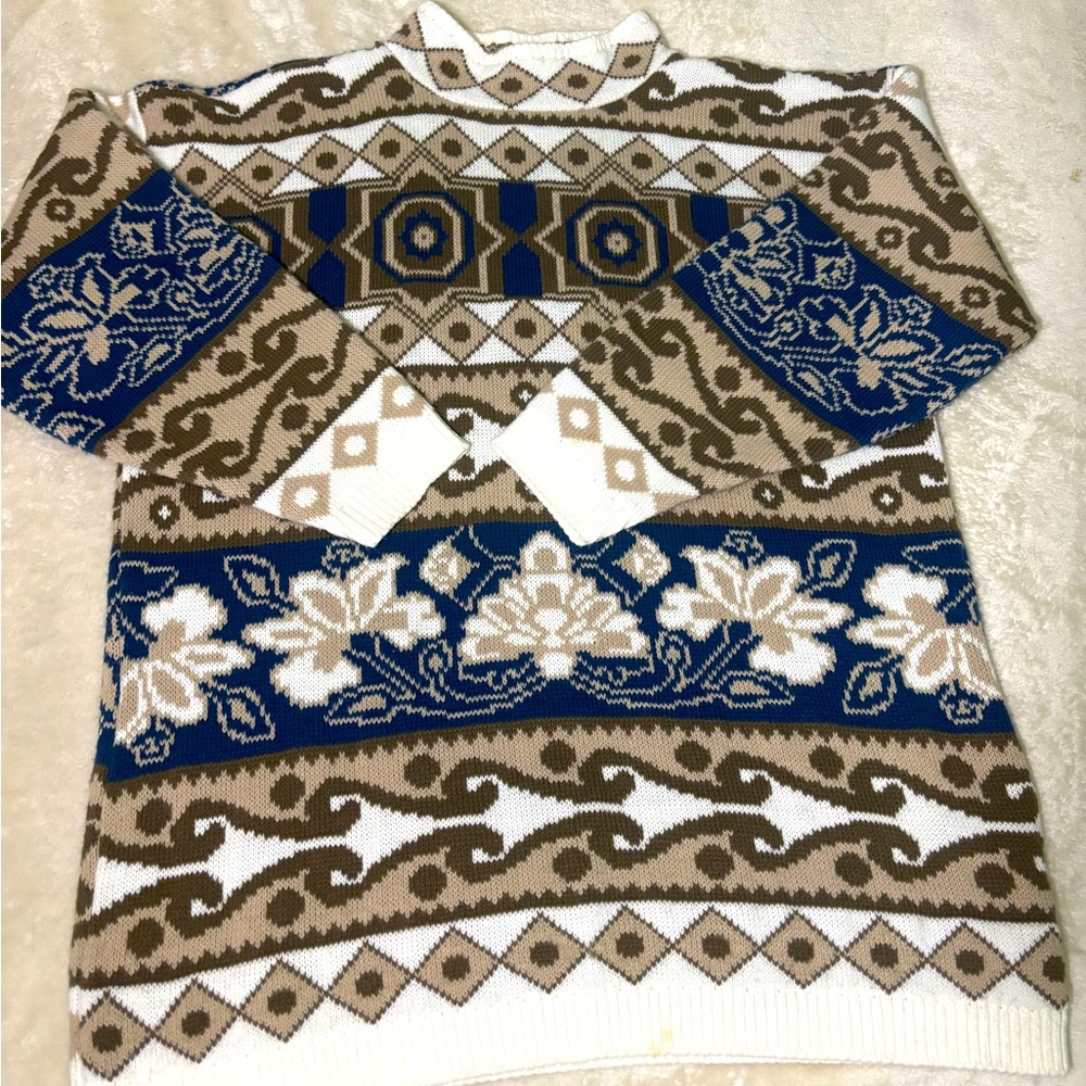 Vintage White & Blue Sweater Exchange Sweater | Medium | Cozy Winter Essential